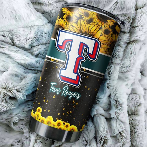 Beautiful Sunflower and Custom MLB Logo - Texas Rangers MLB Tumbler with Personalized Design and Baseball Tumbler Ideas