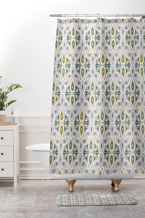 Beige Boho Geometric Shower Curtain, Moroccan Bathroom Decor, Vintage-Inspired Fabric Bath Curtain