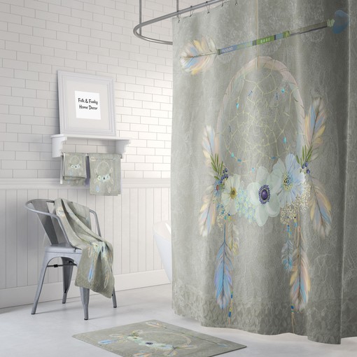 Beige Dreamcatcher Boho Shower Curtain Set with Optional Bath Mat and Towels