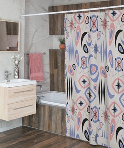 Beige Mid Century Modern Shower Curtain, Atomic Star Bathroom Decor for a Retro Flair