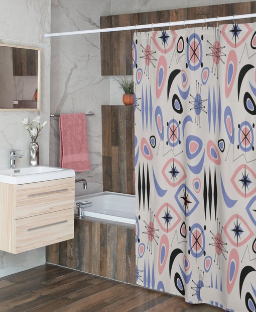 Beige Mid Century Modern Shower Curtain, Atomic Star Bathroom Decor for a Retro Flair