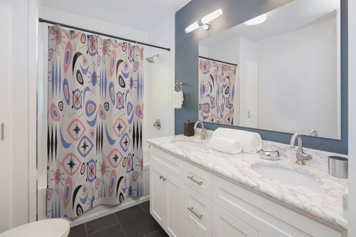 Beige Mid Century Modern Shower Curtain, Atomic Star Bathroom Decor for a Retro Flair - Image 2