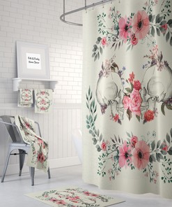 Beige Pink Floral and Skull Bathroom Decor Set with Shower Curtain - Rustic and Unique