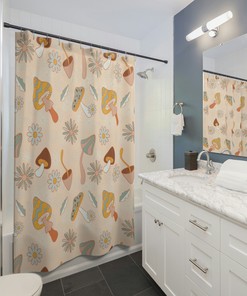 Beige Retro Mushroom Shower Curtain | Boho Gothic Woodland Bath Decor | Vintage Bathroom Shower Curtains