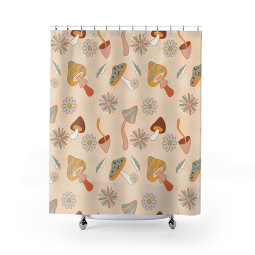Beige Retro Mushroom Shower Curtain | Boho Gothic Woodland Bath Decor | Vintage Bathroom Shower Curtains - Image 2