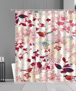 Bird Cherry Blossom Print Shower Curtain, Red and Pink Flowers Bathroom Curtain