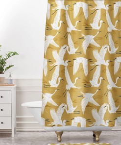 Bird and Floral Boho Shower Curtain, Nature-Inspired Bathroom Decor, Yellow Bath Curtain