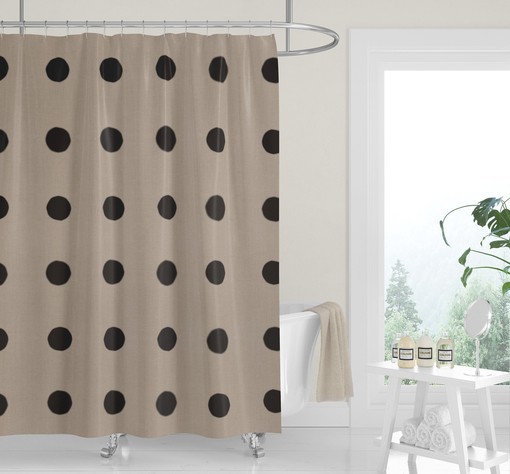 Black Boho Dots Shower Curtain, Minimalist Neutral Tan Fabric Bath Curtain