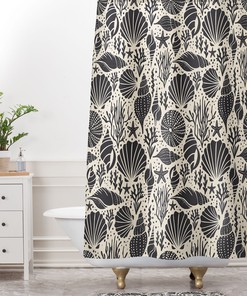 Black Coastal Shower Curtain with Shell Design for Minimalist Beach House Bathroom