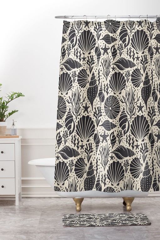 Black Coastal Shower Curtain with Shell Design for Minimalist Beach House Bathroom