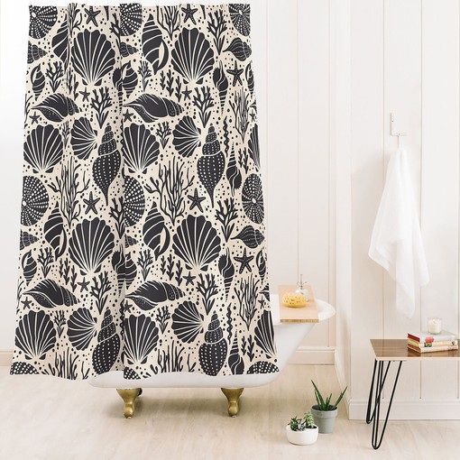 Black Coastal Shower Curtain with Shell Design for Minimalist Beach House Bathroom - Image 3