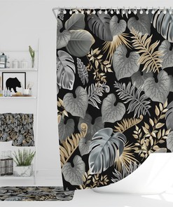 Black Foliage Shower Curtain with Coordinating Bath Mat and Towels for Dramatic Additions