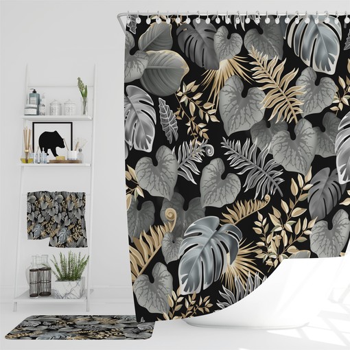 Black Foliage Shower Curtain with Coordinating Bath Mat and Towels for Dramatic Additions