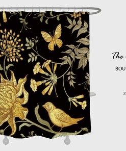 Black Gold Flowers Bird Shower Curtain with Hook, Unique and Retro Bathroom Decor