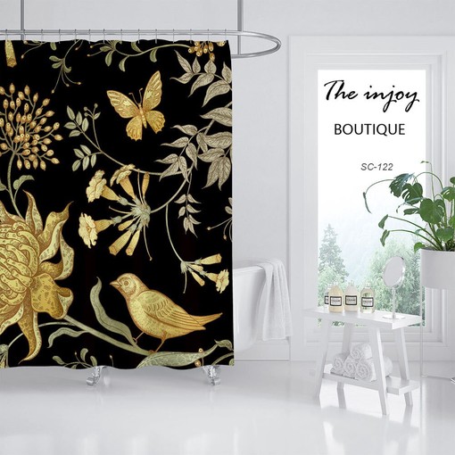 Black Gold Flowers Bird Shower Curtain with Hook, Unique and Retro Bathroom Decor - Image 2