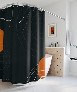 Black & Orange Retro Shapes Shower Curtain | Minimalistic Contemporary Art | Unique Restroom Shower Curtains