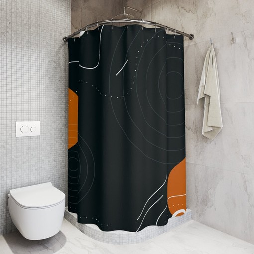 Black & Orange Retro Shapes Shower Curtain | Minimalistic Contemporary Art | Unique Restroom Shower Curtains - Image 2