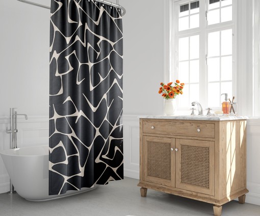 Black & White Boho Shower Curtain with Abstract Design, Mid-Century Modern Style, Contemporary Bath Decor