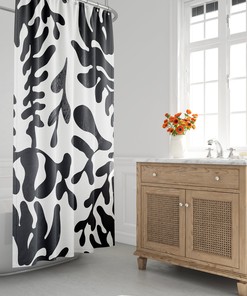 Black & White Boho Shower Curtain with Abstract Leaf Design, Mid-Century Modern Style, Contemporary Bath Decor