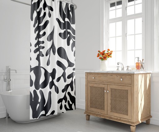 Black & White Boho Shower Curtain with Abstract Leaf Design, Mid-Century Modern Style, Contemporary Bath Decor