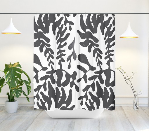 Black & White Boho Shower Curtain with Abstract Leaf Design, Mid-Century Modern Style, Contemporary Bath Decor - Image 2