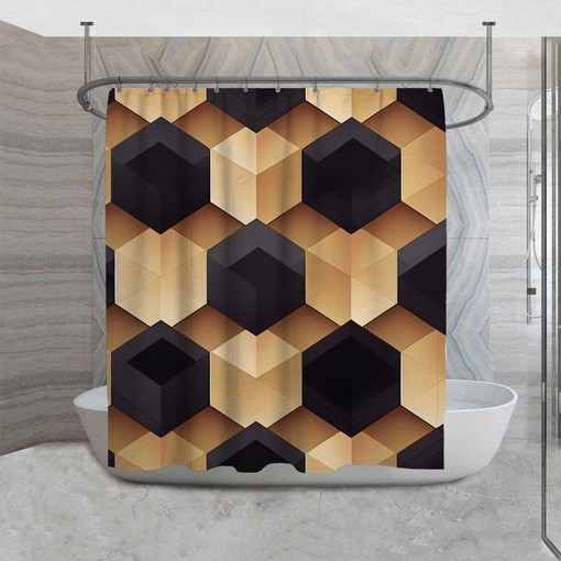 Black and Brown Cool Hexagon Vintage Shower Curtain, Modern Geometric Bathroom Housewarming Gift