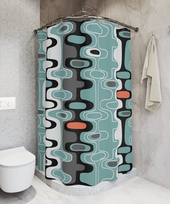 Black and Orange Geometric Retro Design Shower Curtain with Minimalist Flair
