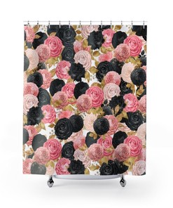 Black and Peach Roses Floral Shower Curtain | Vintage Flowers Pattern | Bathroom Decor New Home Gift | Boho Bath Design
