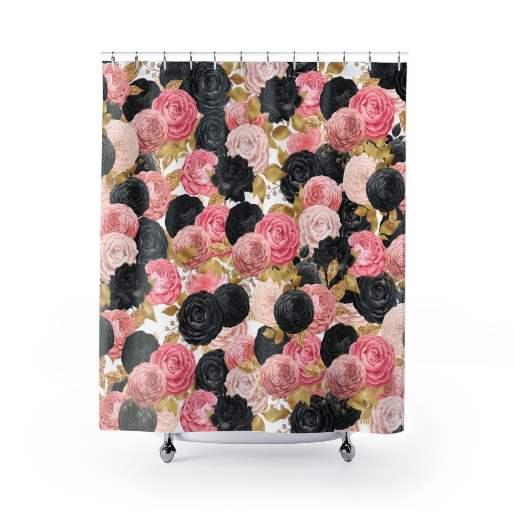 Black and Peach Roses Floral Shower Curtain | Vintage Flowers Pattern | Bathroom Decor New Home Gift | Boho Bath Design