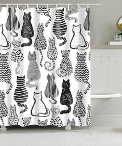Black and White Cat Vintage Bathroom Shower Curtain | Animal Fabric Home Bath Decor