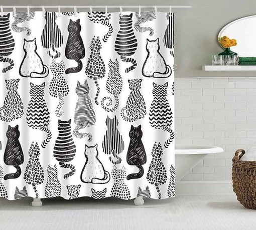 Black and White Cat Vintage Bathroom Shower Curtain | Animal Fabric Home Bath Decor