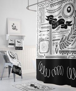 Black and White Doodle Pattern Shower Curtain with Coordinated Bath Mat and Towels for Artistic Flair
