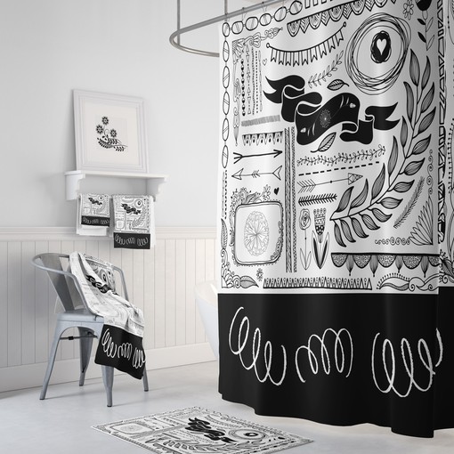 Black and White Doodle Pattern Shower Curtain with Coordinated Bath Mat and Towels for Artistic Flair
