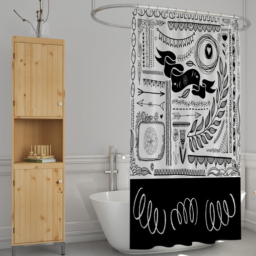 Black and White Doodle Pattern Shower Curtain with Coordinated Bath Mat and Towels for Artistic Flair - Image 2