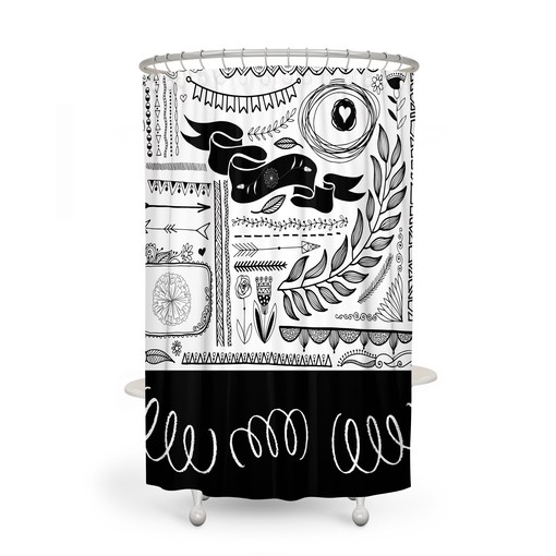 Black and White Doodle Pattern Shower Curtain with Coordinated Bath Mat and Towels for Artistic Flair - Image 3