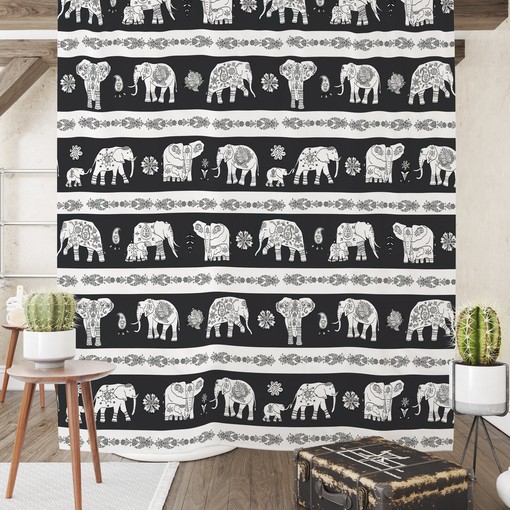 Black and White Elephant Shower Curtain Set with Elephant Bath Accessories for Ethnic Bathroom Decor