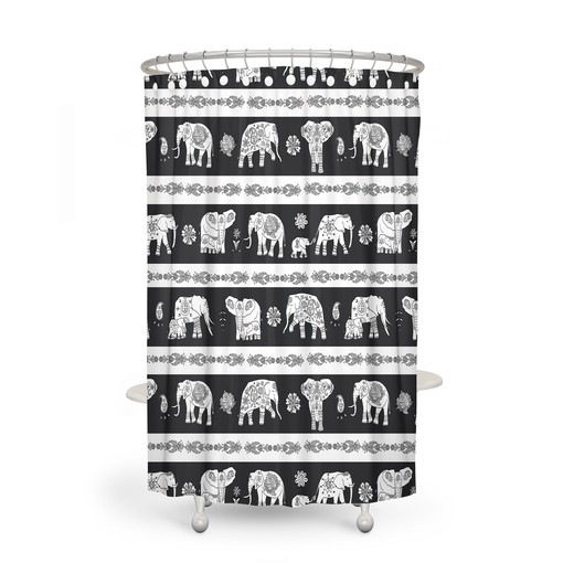 Black and White Elephant Shower Curtain Set with Elephant Bath Accessories for Ethnic Bathroom Decor - Image 2