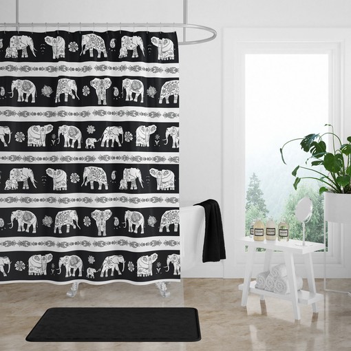Black and White Elephant Shower Curtain Set with Elephant Bath Accessories for Ethnic Bathroom Decor - Image 3