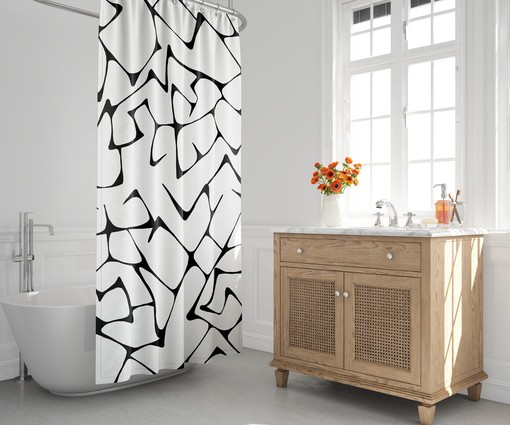Black and White Hand-Drawn Abstract Shower Curtain - Minimalist Design with Mid Century Modern Look