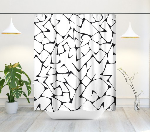 Black and White Hand-Drawn Abstract Shower Curtain - Minimalist Design with Mid Century Modern Look - Image 2