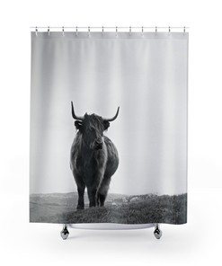 Black and White Highland Cow Photographic Farm Barn Shower Curtain for Rustic Bathroom Decor