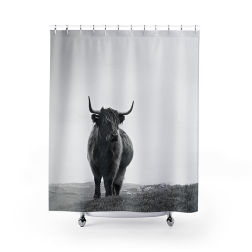 Black and White Highland Cow Photographic Farm Barn Shower Curtain for Rustic Bathroom Decor