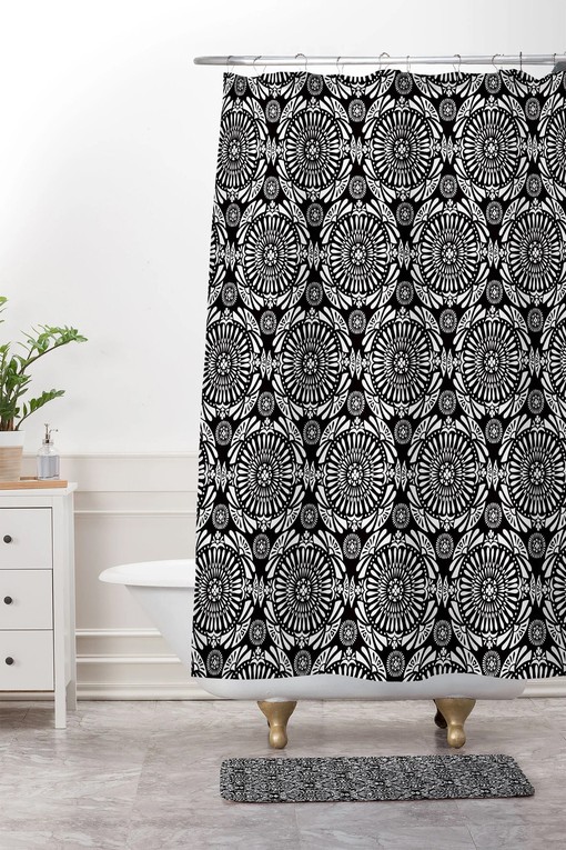 Black and White Mandala Boho Shower Curtain, Geometric Bath Decor, Modern Bathroom Design