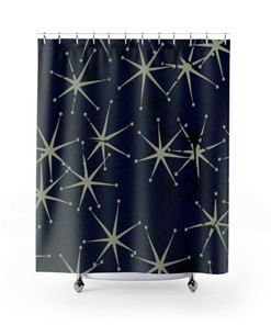 Black and White Mid Century Modern Starburst Design Shower Curtain - Atomic Age Bathroom Decor Idea