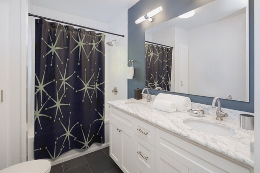 Black and White Mid Century Modern Starburst Design Shower Curtain - Atomic Age Bathroom Decor Idea - Image 2