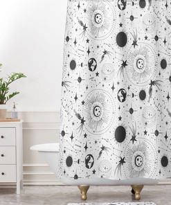 Black and White Outer Space Shower Curtain with Constellations Design for Minimalist Bathroom