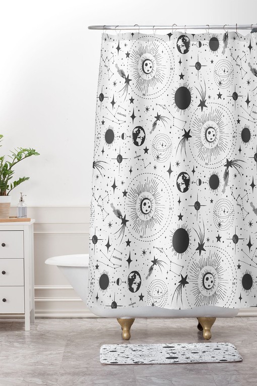 Black and White Outer Space Shower Curtain with Constellations Design for Minimalist Bathroom