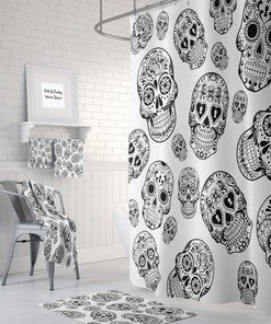 Black and White Sugar Skull Shower Curtain Set with Skull and Butterfly Bath Items for Gothic Bathroom Decor