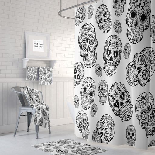Black and White Sugar Skull Shower Curtain Set with Skull and Butterfly Bath Items for Gothic Bathroom Decor