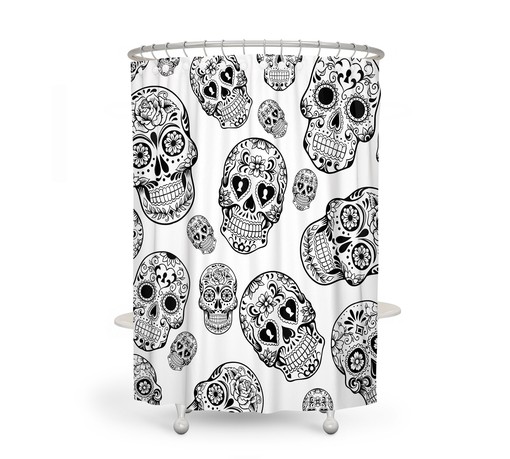 Black and White Sugar Skull Shower Curtain Set with Skull and Butterfly Bath Items for Gothic Bathroom Decor - Image 2